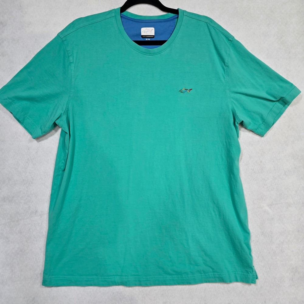 Greg Norman Mens XL Teal Green Cotton Short Sleeve Shark Logo Crew Neck T-Shirt